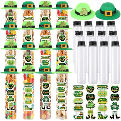 Honeydak 16 Set St. Patrick's Day Candy Tubes 4 oz(115ml) Shamrock Containers Decoration Clear Plastic Test Tube with Screw Caps Irish Hats Gift Green Clover Holder for St. Patrick's Day Party Favors - style: Saint Patrick's Day