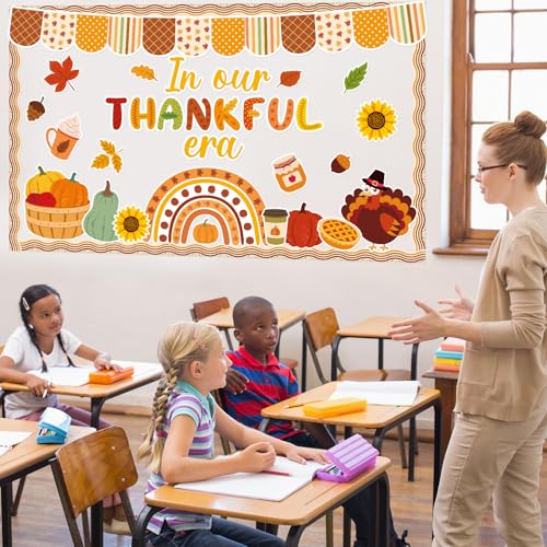 Thanksgiving Turkey Bulletin Board Decorations Pumpkin Maple Leaves Paper Cutouts in Our Thankful Era Bulletin Board Set Fall Party Supplies for Autumn School Chalkboard Wall Window Decoration Favor - style: Fall