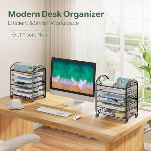 Simple Trending 6 Tier Paper Organizer, Desk Organizer with Handle, Black - size: 13.1" x 8.8" x 14.3"
