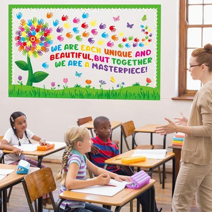Spring Florals Bulletin Board Decorations Set Spring Tree Bulletin Board Classroom Decorations Handprint Flower Paper Cutouts March Bulletin Board Borders for School Chalkboard Door Supplies - style: Handprint Flowers