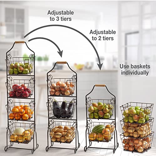 Mikasa Gourmet Basics Ferme 4-Tier Market Basket - Antique Black Wire and Acacia Wood Handle, Kitchen Fruit Vegetable Storage Organizer, 13.5 x 11.5 x 51 Inches - style: Ferme