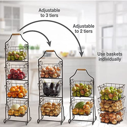 Mikasa Gourmet Basics Ferme 4-Tier Market Basket - Antique Black Wire and Acacia Wood Handle, Kitchen Fruit Vegetable Storage Organizer, 13.5 x 11.5 x 51 Inches - style: Ferme