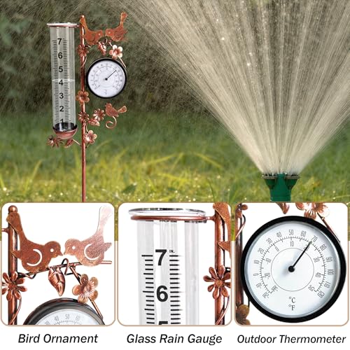 Rain Gauge Outdoor with Thermometer, Accurate & Easy to Read - color: Copper Hummingbird