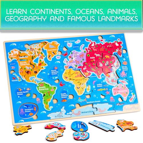 Montessori Mama Wooden Puzzles for Kids Ages 4-6, USA States and Capitols, World Continents and Oceans, Combo Set 2 Toddler Puzzles