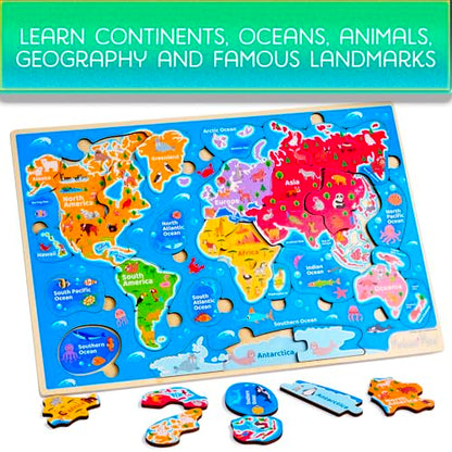 Montessori Mama Wooden Puzzles for Kids Ages 4-6, USA States and Capitols, World Continents and Oceans, Combo Set 2 Toddler Puzzles