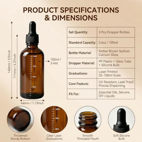 ericotry 3Pcs 100ML /3.4oz Empty Refillable Amber Glass Graduated Dropper Bottle Essential Oil Cosmetics Elite Fluid Container Jar Pot Holder with Glass Pipette Dropper - size: 100 ml