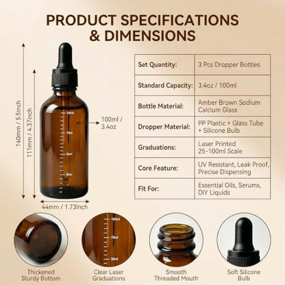 ericotry 3Pcs 100ML /3.4oz Empty Refillable Amber Glass Graduated Dropper Bottle Essential Oil Cosmetics Elite Fluid Container Jar Pot Holder with Glass Pipette Dropper - size: 100 ml