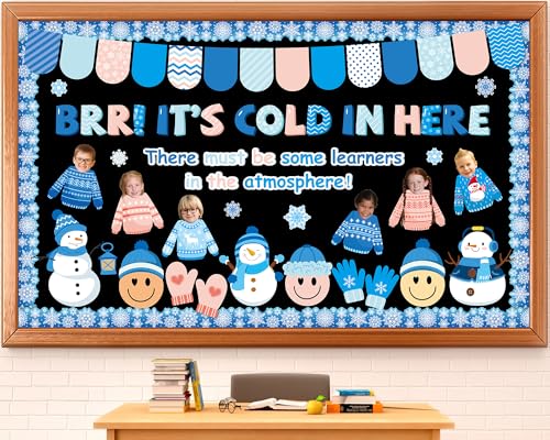 Winter Snowman Bulletin Board Decorations Set Winter Sweater Paper Cutouts Christmas DIY Photo Snowflake Classroom Bulletin Border for Xmas Holiday Party School Home Chalkboard Wall Decoration Favor - style: it’scold in here