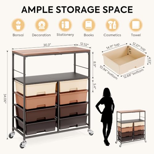 APEXCHASER Rolling Storage Cart with 8 Large Drawers, Wooden Tabletop - color: Brown