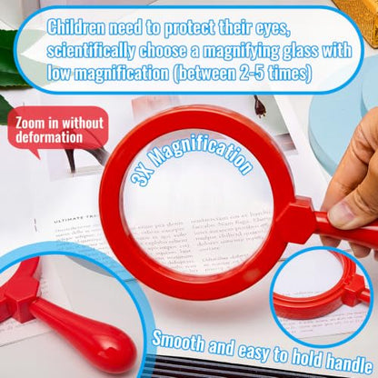 Lewtemi Kids Science Learning Toys Kids Magnifying Glass with Stand Grasp Jumbo Magnifiers 3X Magnification Exploration Preschool Learning Toys for Reading Book Map Insect (Red) - color: Red