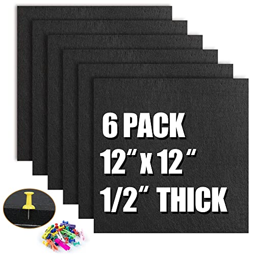 AKTOP Cork Board Bulletin Board 12x12, 1/2" Thick Felt Cork Board Tiles 6 Pack, Small Square Pin Board for Wall, Self Adhesive Corkboards with 60 Push Pin Wood Clips for School, Home & Office, Black - color: Black, size: 12"x12" - 6Pack