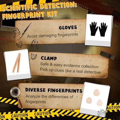 Spy Kit for Kids Detective Outfit Fingerprint Toys for 5 6 7 8 9 10 Year Old with Hat,Wooden Magnifying Glass and Detective Tools,Secret Agent Investigation Science Set,Spy Costumes for Kids 8-12