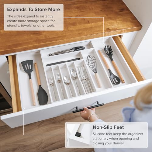 KitchenEdge Silverware & Utensil Organizer | White Bamboo, 16-28 In - color: White Bamboo, size: From 16" to 28" Wide