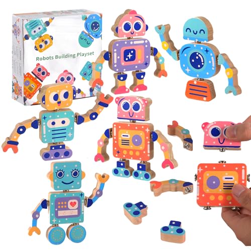 Wooden Snap Together Building Toys, Robot Building Toys for Kids Ages 3-5