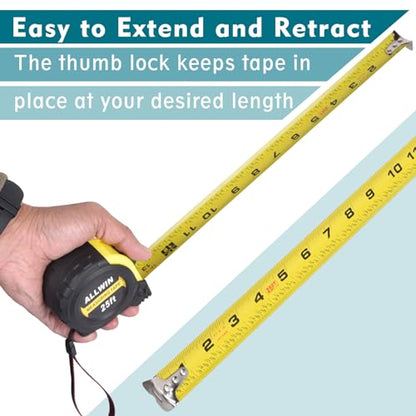Tape Measure 25 Ft - 5 Pack Bulk Metal Retractable Tape Measure with Fractions, Easy Read, 1-inch Wide X 25 Foot