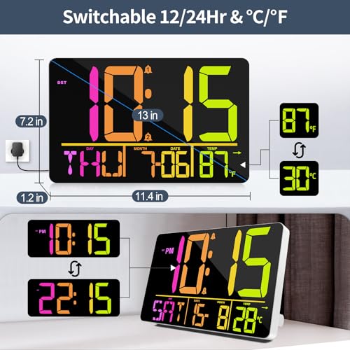 PERSUPER 13" Digital Wall Clock Large Display with Remote, Temp & Timer - style: RGB