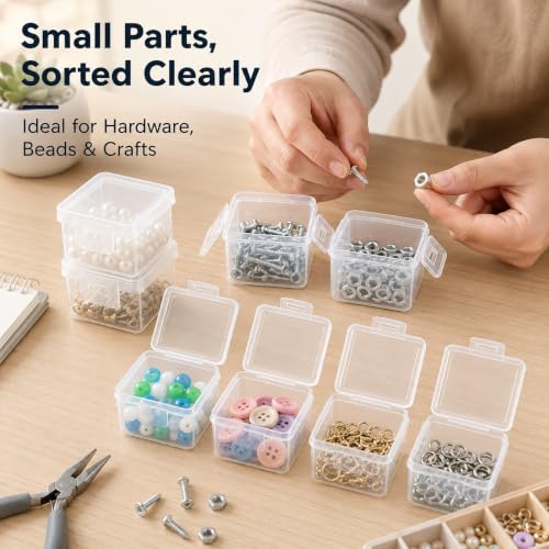 10PC Mini Clear Plastic Storage Boxes Stackable Small Parts Organizer Containers with Hinged Lid for Hardware Beads Jewelry Craft Tiny Accessories 1.30x1.18x0.94 Inch