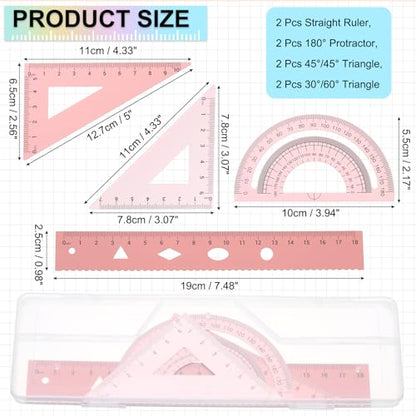 PATIKIL Geometry Set 2Pcs 7" Aluminum Ruler & 4 Triangles, Metal Protractor - color: Gradient Pink, size: 7 Inch
