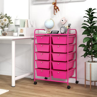 COSTWAY 10 Drawer Rolling Storage Cart, Utility Cart with Lockable Wheels - color: Hot Pink, size: 10 Drawer