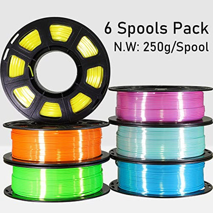 1.75mm Silk Shiny PLA Filament 6 in 1 Bright Colors Bundle Pack: Silk Yellow/Lime Green/Light Orange/Sky Blue/Pink/Cyan, Each Spool 250g, 6 Spools Packed, Total 1.5Kg 3D Printing Material MIKA3D - color: Yellow+lime Green+light Orange+sky Blue+cyan+pink
