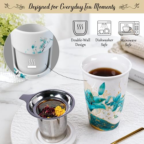 Harmoleaf Tea Gift Set for Women, 6 Loose Leaf Tea Blends with Blue Lily Insulated Ceramic Cup, Stainless Steel Infuser, Lid and Gold Spoon, Birthday, Mother's Day, Anniversary, Retirement Gift for Her - color: Blue Lily