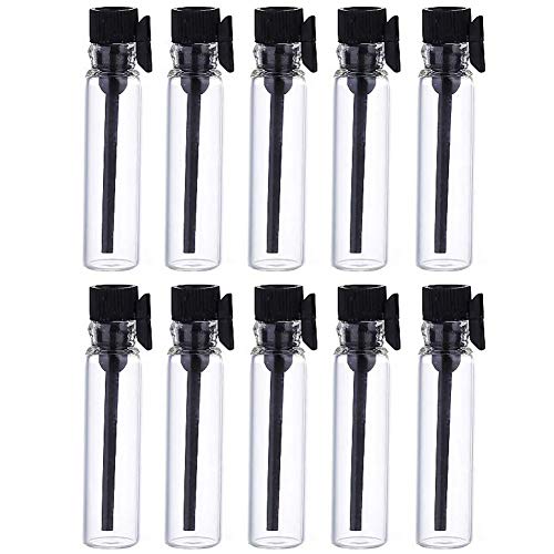 Teensery 100 Pcs Empty Perfume Sample Bottles Mini Glass Refillable Sample Vial Containers with Black Cap for Aromatherapy, Essential Oil, Fragrance and Liquid (1ml) - size: 1ml