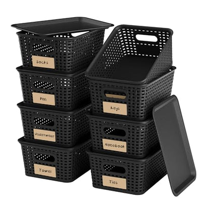 8 Pack Plastic Storage Baskets,Black Stackable Bins with Lid - color: Black
