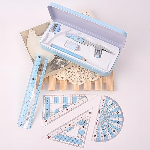 8 Pieces Math Geometry Kit Set Student Supplies with Shatterproof Iron Box Geometry Set for School, Includes Ruler, Protractor, Compass, Pencil,Pencil Sharpener and Eraser,etc