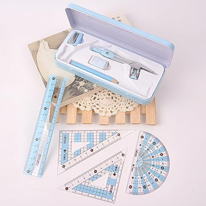 8 Pieces Math Geometry Kit Set Student Supplies with Shatterproof Iron Box Geometry Set for School, Includes Ruler, Protractor, Compass, Pencil,Pencil Sharpener and Eraser,etc