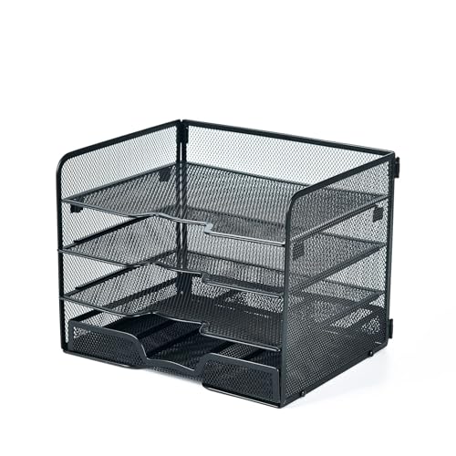 SETTFRFE 4-Tier Metal Desk Organizer-Paper Letter Tray with Drawer,Black