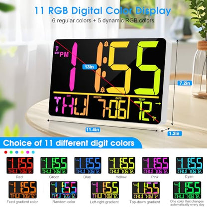 13" Bluetooth Auto Sync Wall Clock- Large Digital Alarm Clock with Remote - style: RGB Numbers