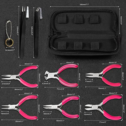 6PCS Mini Jewelry Pliers Set, 3 Inches Pliers Set with Long Nose Pliers Bent Nose Pliers Wire Cutters End Cutting Pliers Flat Nose Pliers Bead Chain Electronics Tweezers Jump Ring Opener
