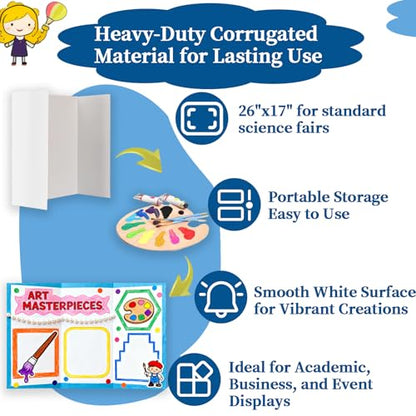 Trifold Poster Board, 4 Pack Large 26" x 17" Heavy-Duty White Corrugated Display Boards, Durable Presentation Board for Science Fairs, School Projects, Event Displays, and Business Presentations