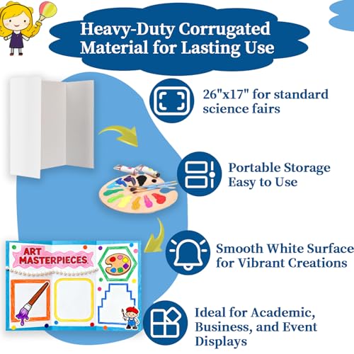 Trifold Poster Board, 4 Pack Large 26" x 17" Heavy-Duty White Corrugated Display Boards, Durable Presentation Board for Science Fairs, School Projects, Event Displays, and Business Presentations