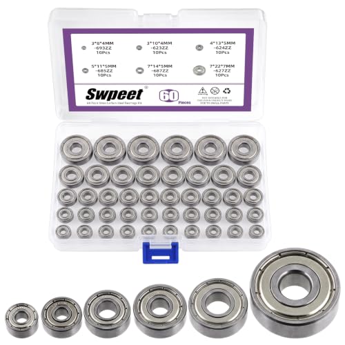 Swpeet 60Pcs 6 Sizes 693ZZ, 623ZZ, 624ZZ, 685ZZ, 687ZZ,627ZZ Ball Bearings Assortment Kit, Carbon Steel Deep Groove Bearings, Double Shielded Bearings, Small Bearing
