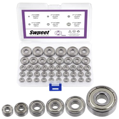 Swpeet 60Pcs 6 Sizes 693ZZ, 623ZZ, 624ZZ, 685ZZ, 687ZZ,627ZZ Ball Bearings Assortment Kit, Carbon Steel Deep Groove Bearings, Double Shielded Bearings, Small Bearing