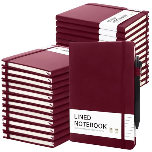 Aodaer 30 Set Lined Notebook Journals with Pens A5 Notebooks 100 GSM College Ruled Hardcover Notebook PU Leather Notepad with Pen Holder for Office School, 5.7 x 8.3 Inches, Burgundy - color: Burgundy