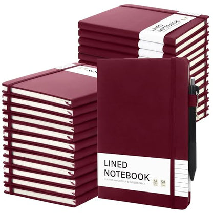 Aodaer 30 Set Lined Notebook Journals with Pens A5 Notebooks 100 GSM College Ruled Hardcover Notebook PU Leather Notepad with Pen Holder for Office School, 5.7 x 8.3 Inches, Burgundy - color: Burgundy