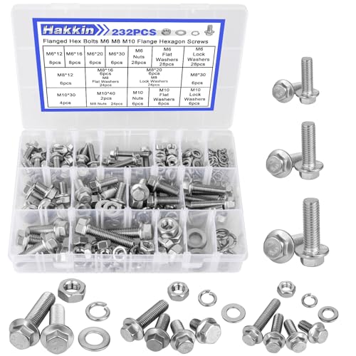 Hakkin 232Pcs Flange Hex Bolts and Nuts Kit M6 M8 M10 Metric Bolt Assortment, 304 Stainless Steel Metric Hex Bolt, M6-1.0 M8-1.25 M10-1.5 Flange Screw Set Nuts and Bolts Assortment Kit - size: H. M6 M8 M10