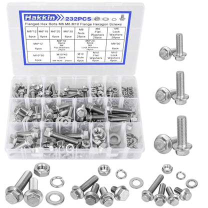Hakkin 232Pcs Flange Hex Bolts and Nuts Kit M6 M8 M10 Metric Bolt Assortment, 304 Stainless Steel Metric Hex Bolt, M6-1.0 M8-1.25 M10-1.5 Flange Screw Set Nuts and Bolts Assortment Kit - size: H. M6 M8 M10