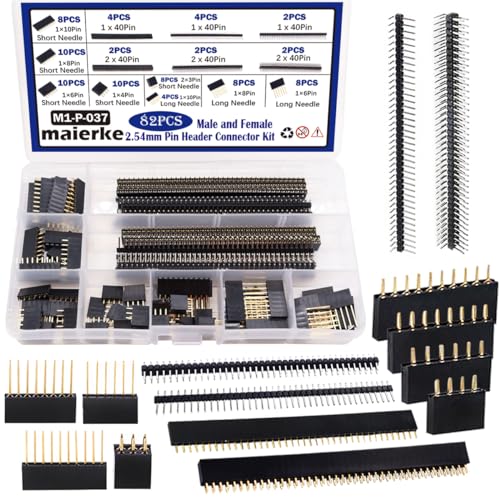 82PCS 2.54mm Pitch Male and Female Header Pins Connector Assortment Kit, Stackable Shield Header and Breakaway PCB Board Pin Headers for Arduino Prototype Shield - size: 14 sizes