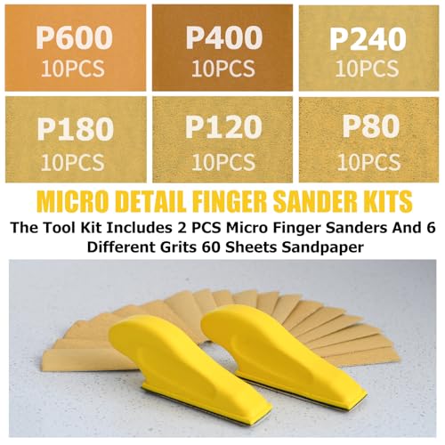 Finger Sander for Crafts, 2 Pack Mini Micro Gator Sander for Crafts with 60 Sheets 3.5 x 1 Inch Sandpaper 80 120 180 240 400 600 Grit Sanding for DIY Wood Finishing Tight Narrow Polishing - color: 2 Pack Sander + 60 Sheets Sandpaper (Yellow)
