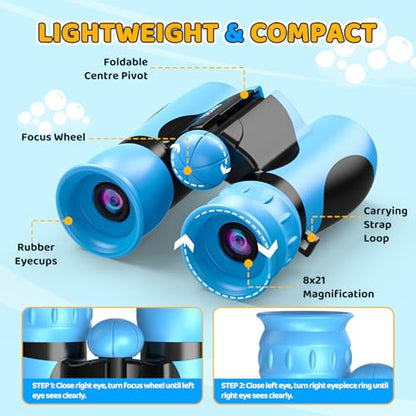 8x21 Kids Binoculars with 25 Scavenger Hunt Cards, Camping Toys for Boys Girls Ages 4-6-8-12 Outdoor Explorer Kit with Compass|Magnifying Glass, 3-12 Year Old Boy Bird Watching Hiking Birthday Gift - color: Blue