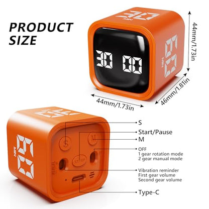 GuDoQi Multi-Function Cube Timer, 5/10/30/60 Min & Custom Count Down, Included Pause & Resume Feature, Silent, Vibrate & Adjustable Sound Alarm for Productivity in Tasks, Study & Kitchen, Orange - color: Orange