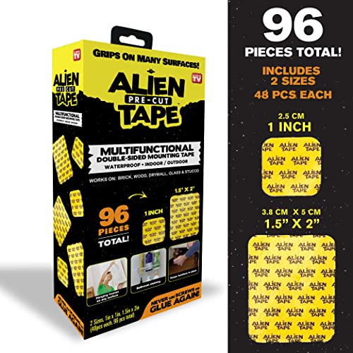 ALIEN TAPE Pre Cut 96 Piece Set Double Sided Tape Multipurpose Removable Adhesive Transparent Grip Mounting Strips Washable Strong Sticky Heavy Duty for Carpet and Crafts
