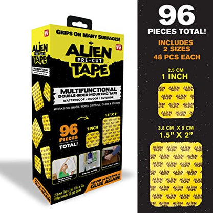 ALIEN TAPE Pre Cut 96 Piece Set Double Sided Tape Multipurpose Removable Adhesive Transparent Grip Mounting Strips Washable Strong Sticky Heavy Duty for Carpet and Crafts