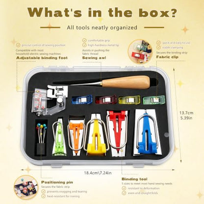 5 Sizes Bias Tape Makers Kit, Binding Foot, Awl, Clips, Bead Needles - color: 5 Colors-1