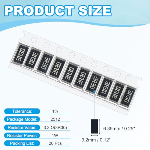 PATIKIL 2512 Surface Mount Device Chip Resistor Kit, 20Pcs 3.3 Ohm 1% Tolerance 1W DIY Resistor Ceramic Resistance Assortment Kits for Electronic Products - style: 3.3 Ohm