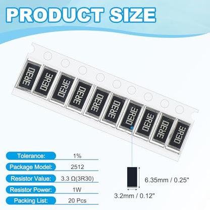 PATIKIL 2512 Surface Mount Device Chip Resistor Kit, 20Pcs 3.3 Ohm 1% Tolerance 1W DIY Resistor Ceramic Resistance Assortment Kits for Electronic Products - style: 3.3 Ohm