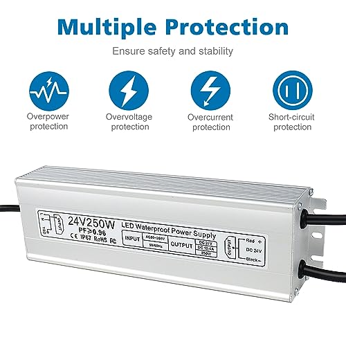 inShareplus 24V Power Supply, 250W IP67 Waterproof LED Power Supply, AC 80-265V to DC 24V 10.4A Outdoor Low Voltage Transformer, Adapter with 3-Prong Plug for LED Light, Outdoor Use - style: 24V 250W